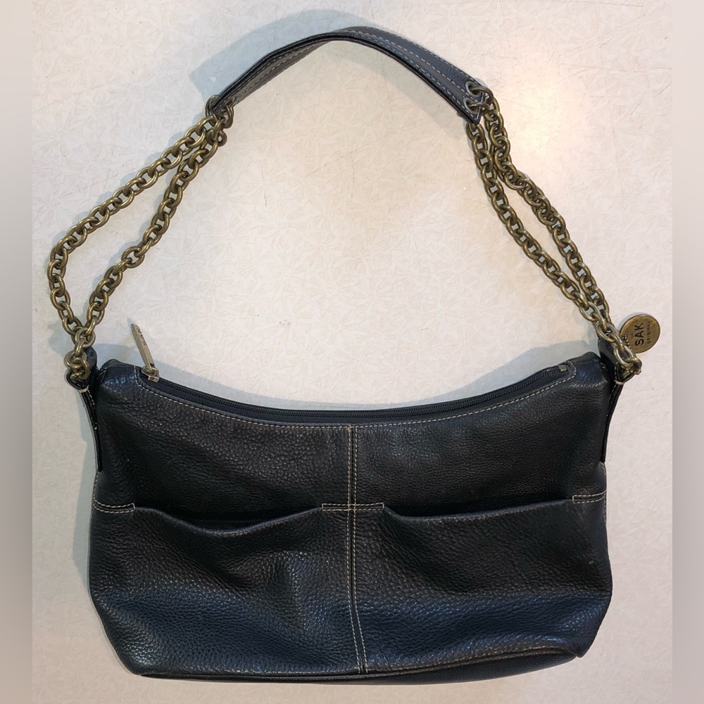 The Sak Black Leather Shoulder Bag with Brass Chain Strap